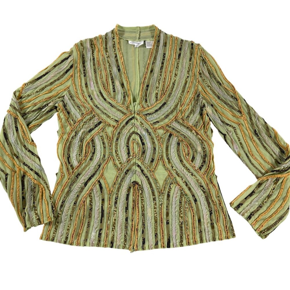 Alexandra Rosati Sheer Textured Ribbon Lace Blouse 12 Green‎ Fairy Glam Art Deco